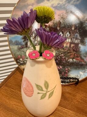 Pink Floral Enamel Stud Earrings with Gold Accents